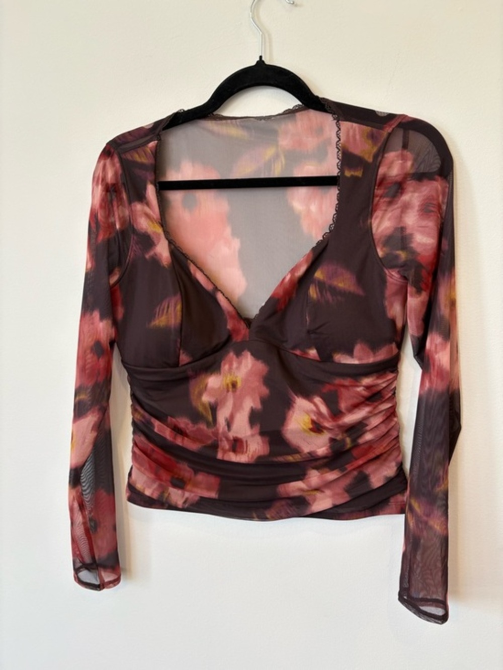 Abercrombie & Fitch Brown Mesh Long-Sleeve Floral Crop Top